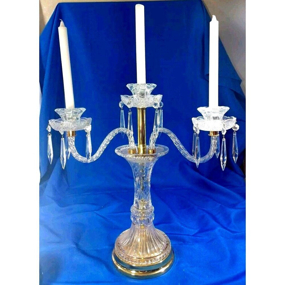 XL Cut Crystal 3 Arm Candlestick Candelabra Prisms Hollywood Regency MCM Brass - Picture 3 of 10